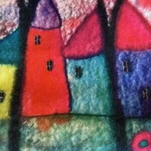 Nora Cora Multi-coloured pink smooth felt material house patterned bag.